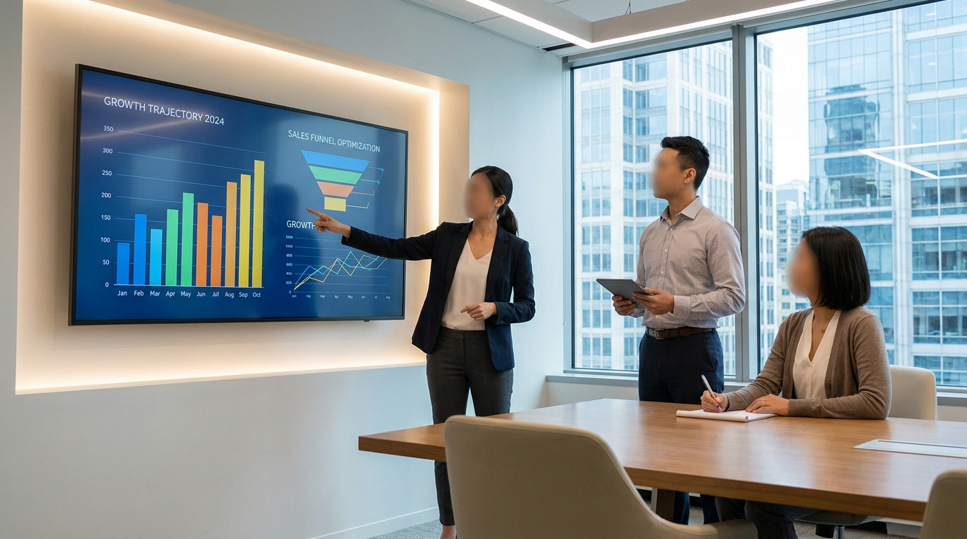Businesswoman pointing at a growth chart on a large digital screen while colleagues listen in a modern office meeting.
