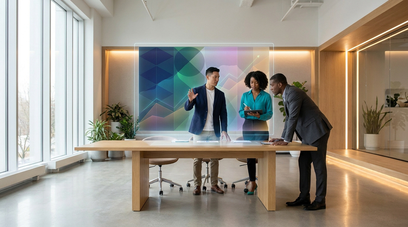 Three professionals working in a modern office, analyzing digital abstract branding visuals on a large projection screen.