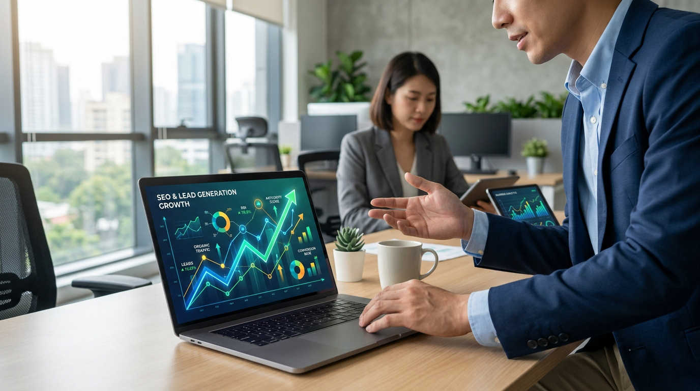 Business professional pointing at a laptop screen showing upward trending SEO and lead generation growth charts.