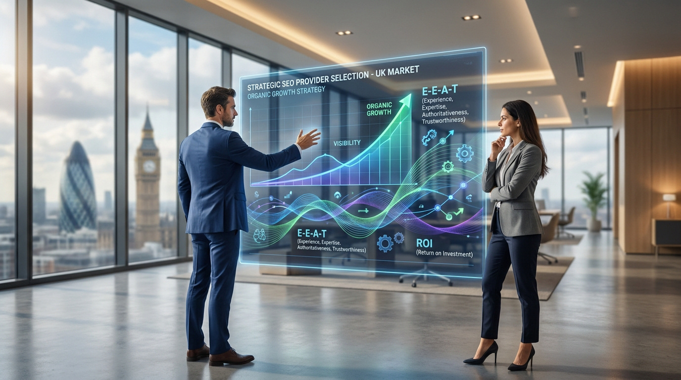 Business professionals analyzing a holographic SEO growth chart in a London office overlooking Big Ben and the skyline.